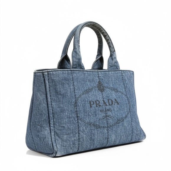 Prada Handbags - Authentic Prada Denim Canapa Tote Medium | 16” Blue Jean Prada Milano Bag